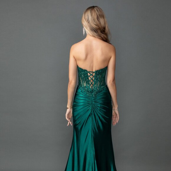 New Beaded Maxi Evening Satin Dress w/ Lace Up Back & Sexy Leg Slit DQ 4560 - Picture 6 of 8